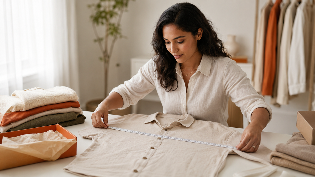 Shopper measuring a shirt to choose the right clothing size online