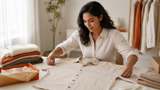 Shopper measuring a shirt to choose the right clothing size online