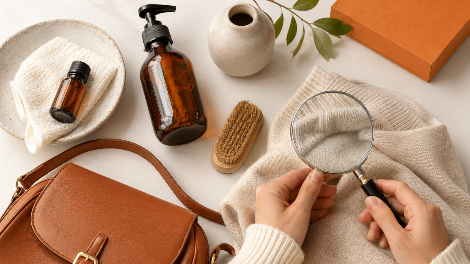 Shopper inspecting clothing, personal care and accessory quality before buying online