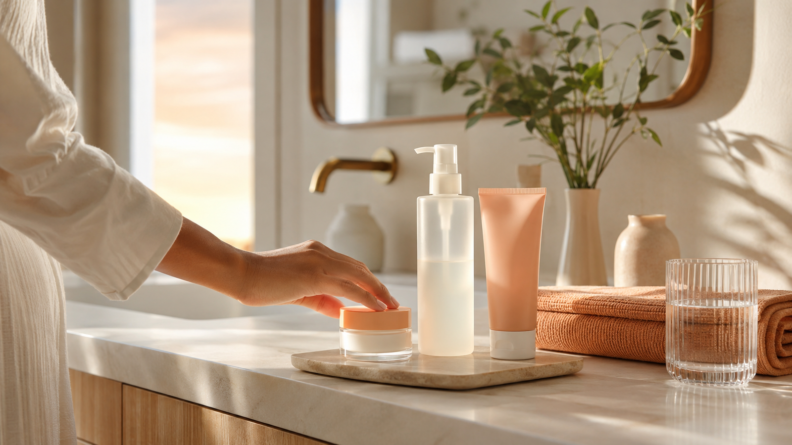 Simple morning personal care routine with cleanser, moisturizer and sunscreen