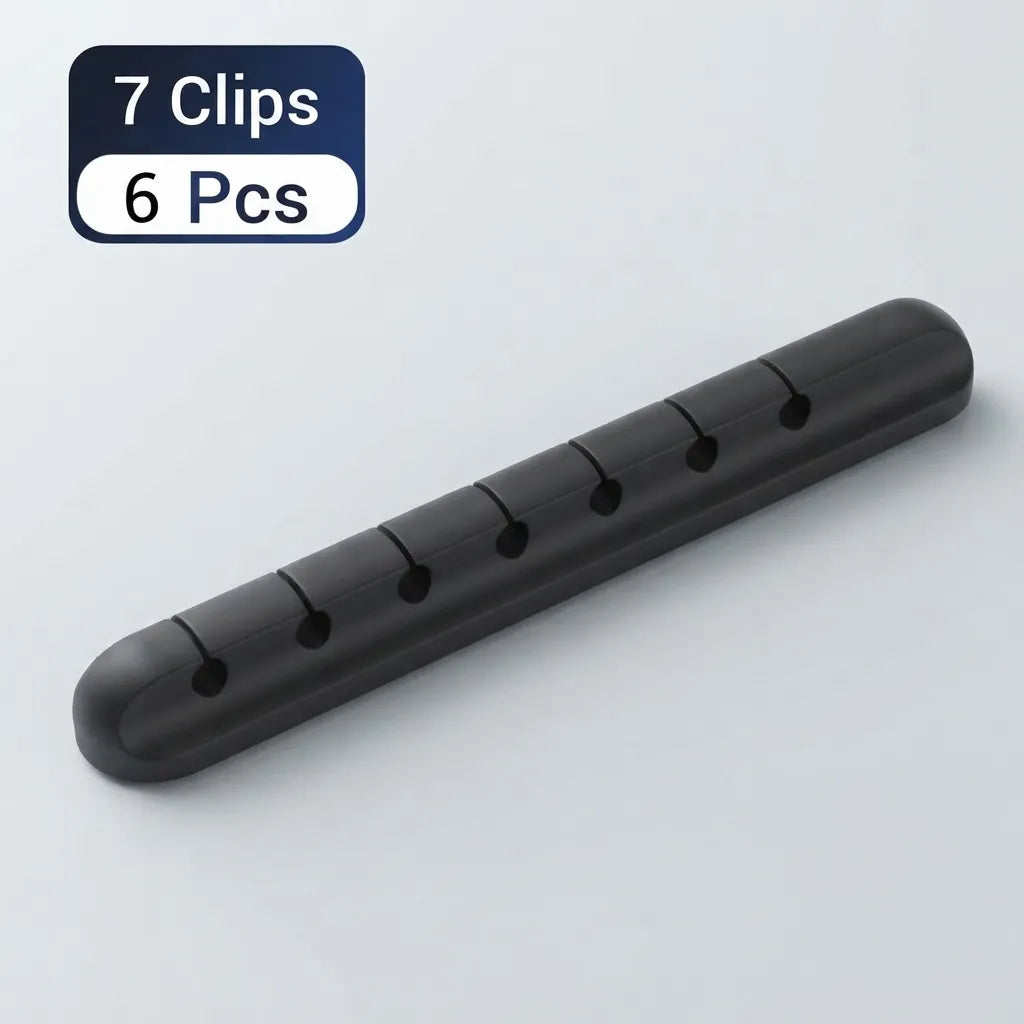 A black plastic cable clip bar shown on a light gray background, with a blue and white label in the top-left corner reading '7 Clips 6 Pcs'.