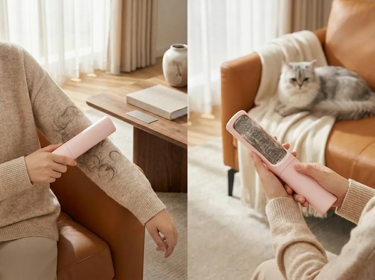 A split-screen lifestyle image showing a pink pet hair remover tool being used to clean a person's arm and a gray cat on a brown leather sofa. The person is wearing a beige knit sweater in a warm, modern living room setting.