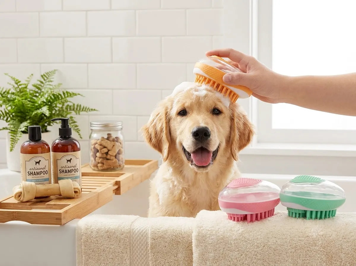 A golden retriever sits in a bathtub while a person uses an orange pet shampoo brush on its head. Two small pet grooming brushes in pink and mint green sit on the tub edge, and bottles of shampoo and a wooden tray are visible in the bathroom setting.
