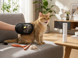 A ginger cat sits on a gray sofa while a person uses a black mesh pet grooming brush on its back. An orange-handled grooming tool and a white cylindrical device sit on a wooden table nearby in a bright living room.