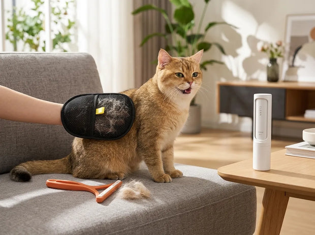 A ginger cat sits on a gray sofa while a person uses a black mesh pet grooming brush on its back. An orange-handled grooming tool and a white cylindrical device sit on a wooden table nearby in a bright living room.