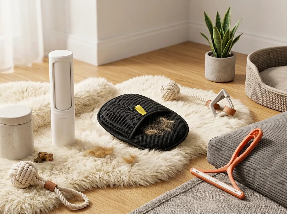A pet grooming kit arranged on a fluffy cream rug in a bright room. The set includes a black mesh grooming brush with visible hair, a white cylindrical canister, a white jar, a small orange-handled tool, rope toys, and a gray cushion.
