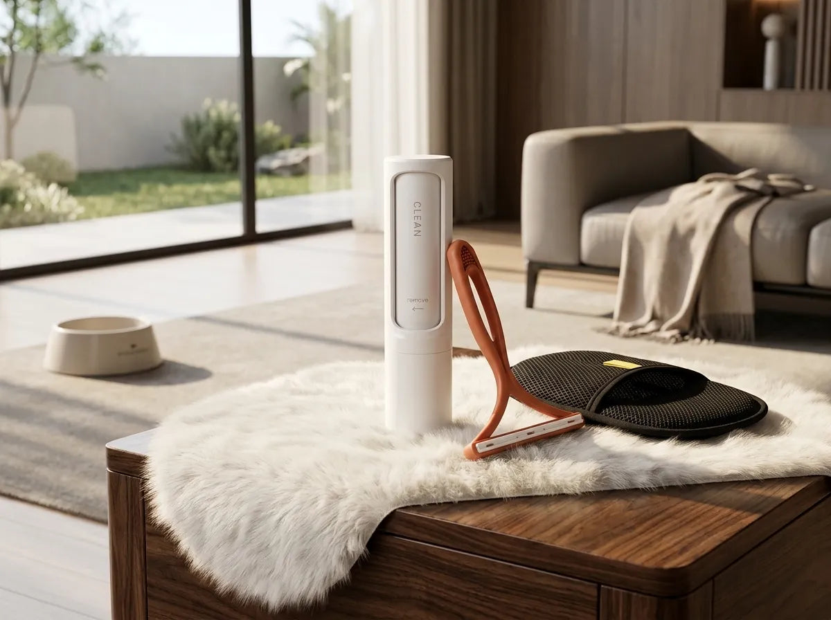 A pet grooming station set on a white faux-fur throw over a wooden table in a modern living room. The set includes a tall white canister, a copper-colored metal loop handle, and a black circular brush head.