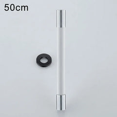 A 50cm modern cabinet pull handle with a white cylindrical body and polished silver chrome ends, shown alongside a black mounting ring on a light gray background with '50cm' text in the top-left corner.