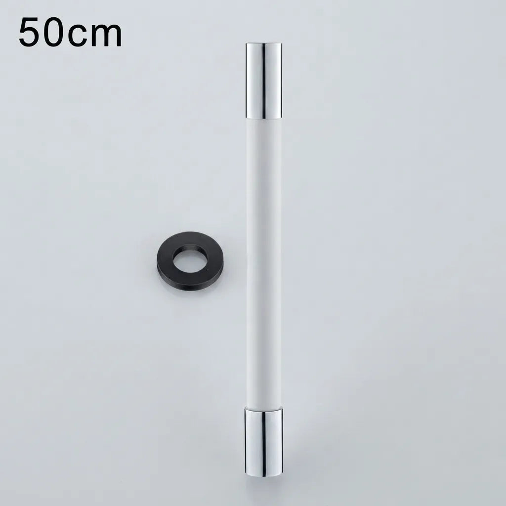 A 50cm modern cabinet pull handle with a white cylindrical body and polished silver chrome ends, shown alongside a black mounting ring on a light gray background with '50cm' text in the top-left corner.