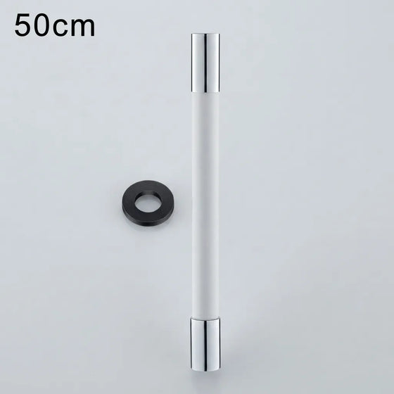 A 50cm modern cabinet pull handle with a white cylindrical body and polished silver chrome ends, shown alongside a black mounting ring on a light gray background with '50cm' text in the top-left corner.