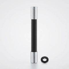 A modern black and silver cylindrical door stopper with a black rubber ring, shown on a clean white background.