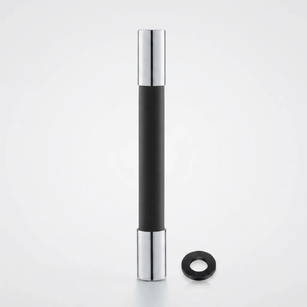 A modern black and silver cylindrical door stopper with a black rubber ring, shown on a clean white background.