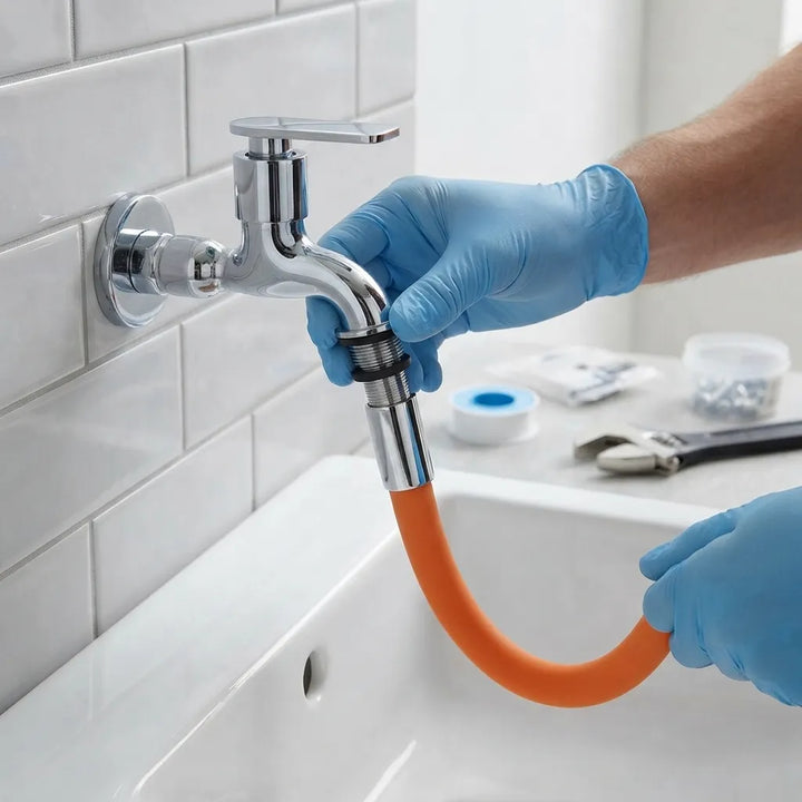 A close-up of a person wearing blue gloves connecting an orange flexible hose adapter to a chrome wall-mounted faucet above a white sink, with small tools visible in the background.