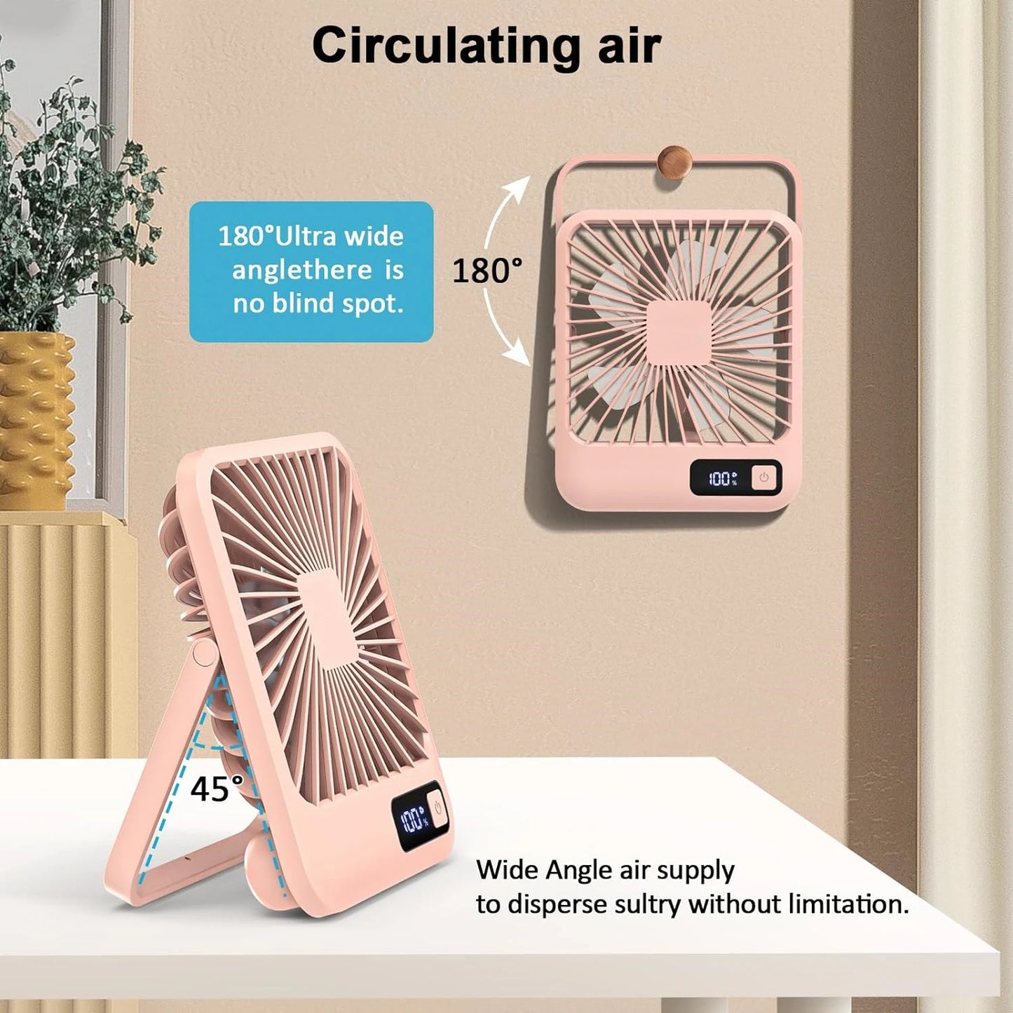 Desk Fan, Portable USB Rechargeable Fan, 180° Tilt Folding Personal Fan With Power Display, 5 Speeds Ultra Quiet Table Fan