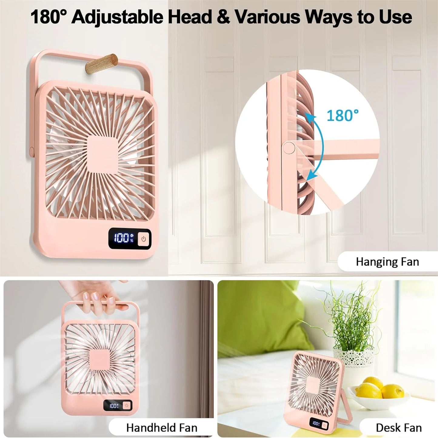 Desk Fan, Portable USB Rechargeable Fan, 180° Tilt Folding Personal Fan With Power Display, 5 Speeds Ultra Quiet Table Fan