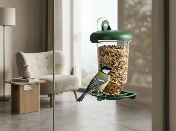 A green bird feeder with a clear seed container and a small bird perched on it, shown attached to a glass door in a modern living room interior.