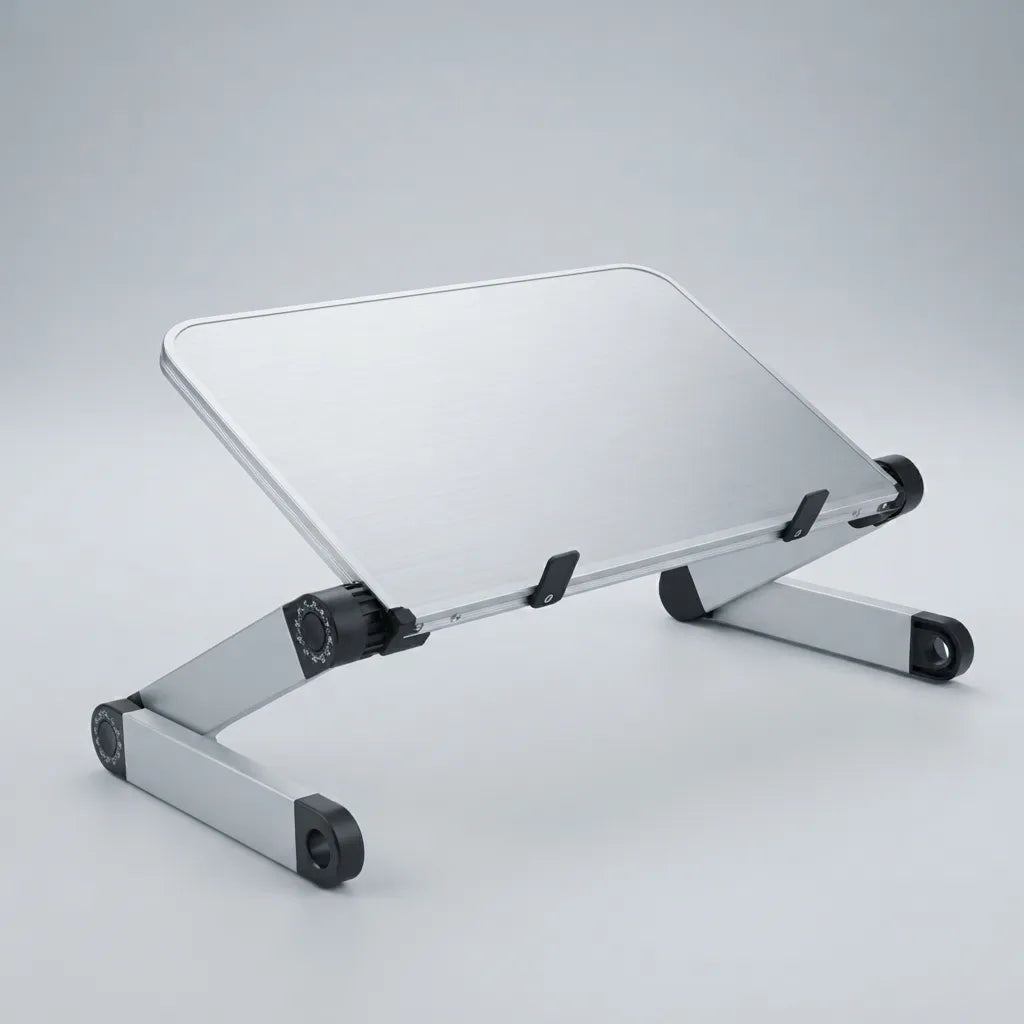 Silver aluminum laptop stand with black rubber feet and adjustable joints, shown on a light gray studio background.