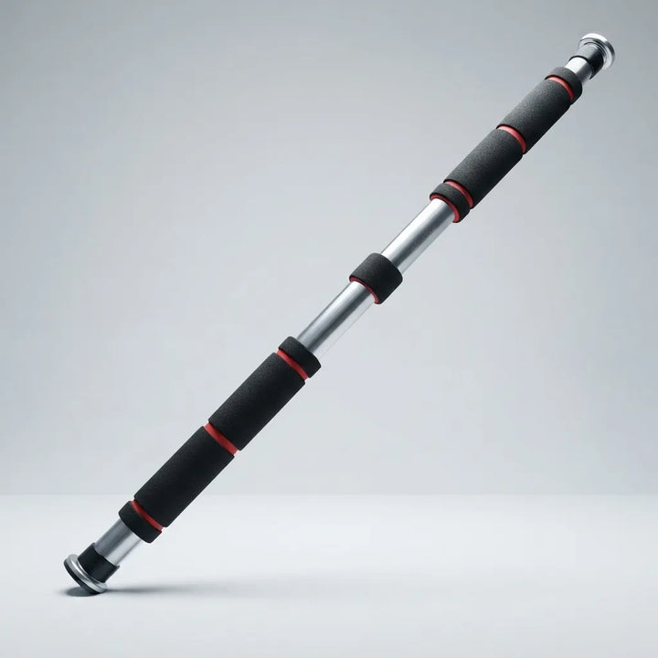 A silver and black foam exercise barbell with red accent rings, shown diagonally on a light gray background.