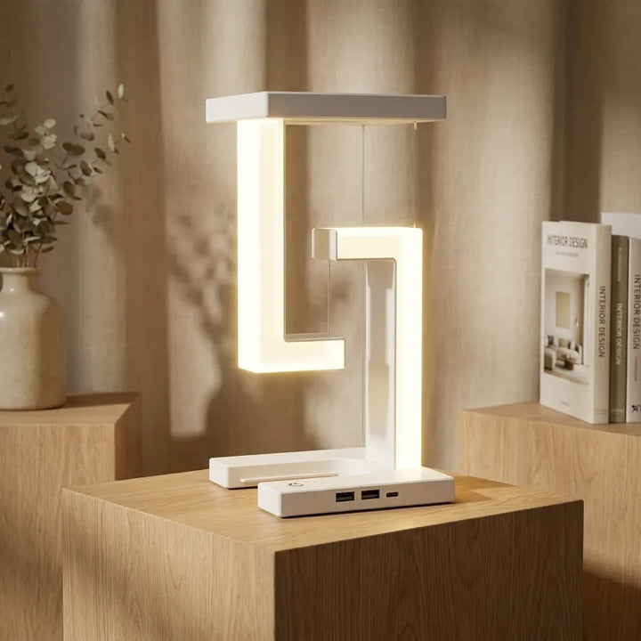 A modern white LED table lamp shaped like the letter 'E', shown illuminated on a wooden pedestal in a warm, styled interior setting with books and a vase in the background.