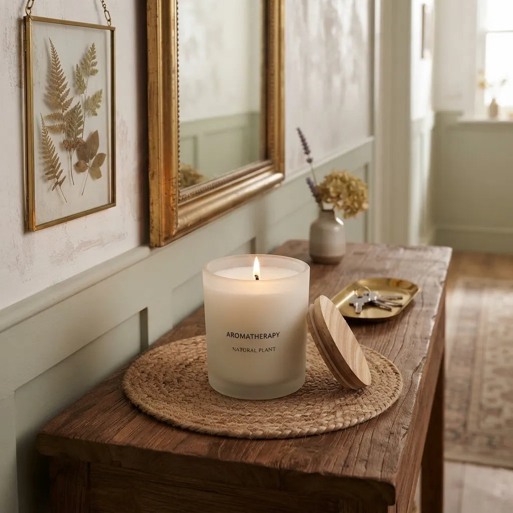 A lit white candle in a frosted glass jar sits on a woven placemat on a rustic wooden table, with its wooden lid leaning beside it. The setting is a styled interior with a mirror, framed botanical art, and a small vase in the background.