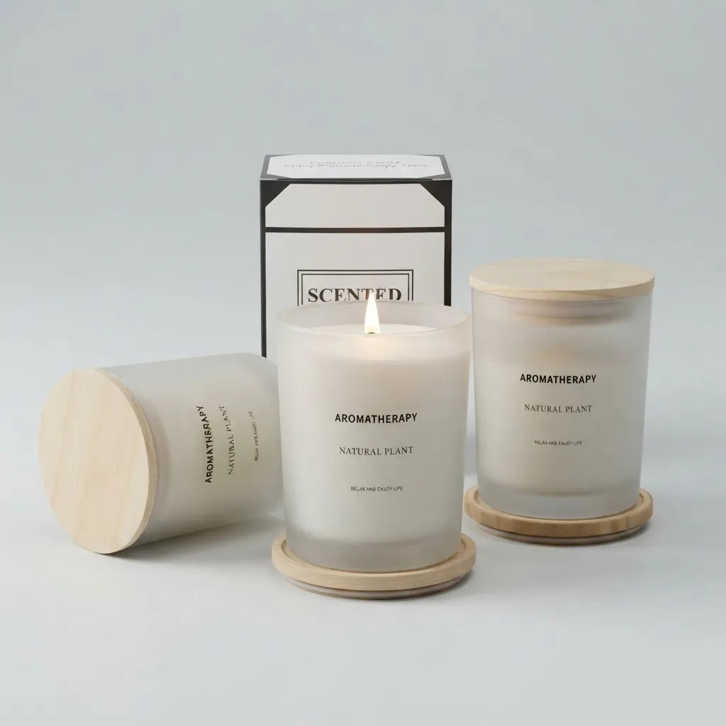 Three Aromatherapy Natural Plant scented candles in frosted glass jars with light wood lids and coasters, shown with one lit candle, one tipped over, and the branded box on a clean light gray background.