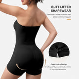 A woman modeling a black strapless butt-lifting shapewear bodysuit against a light gray background, with text and inset detail callouts explaining the open crotch design and fit.