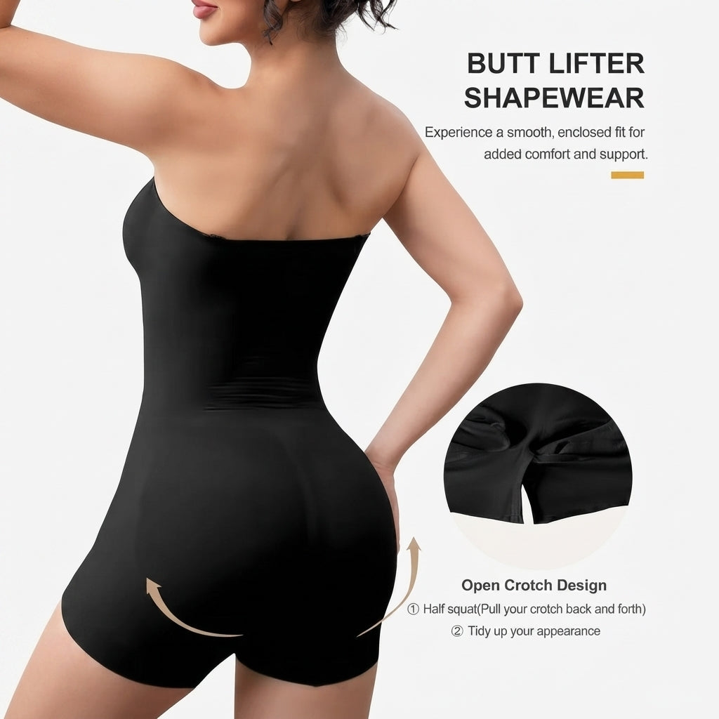 A woman modeling a black strapless butt-lifting shapewear bodysuit against a light gray background, with text and inset detail callouts explaining the open crotch design and fit.