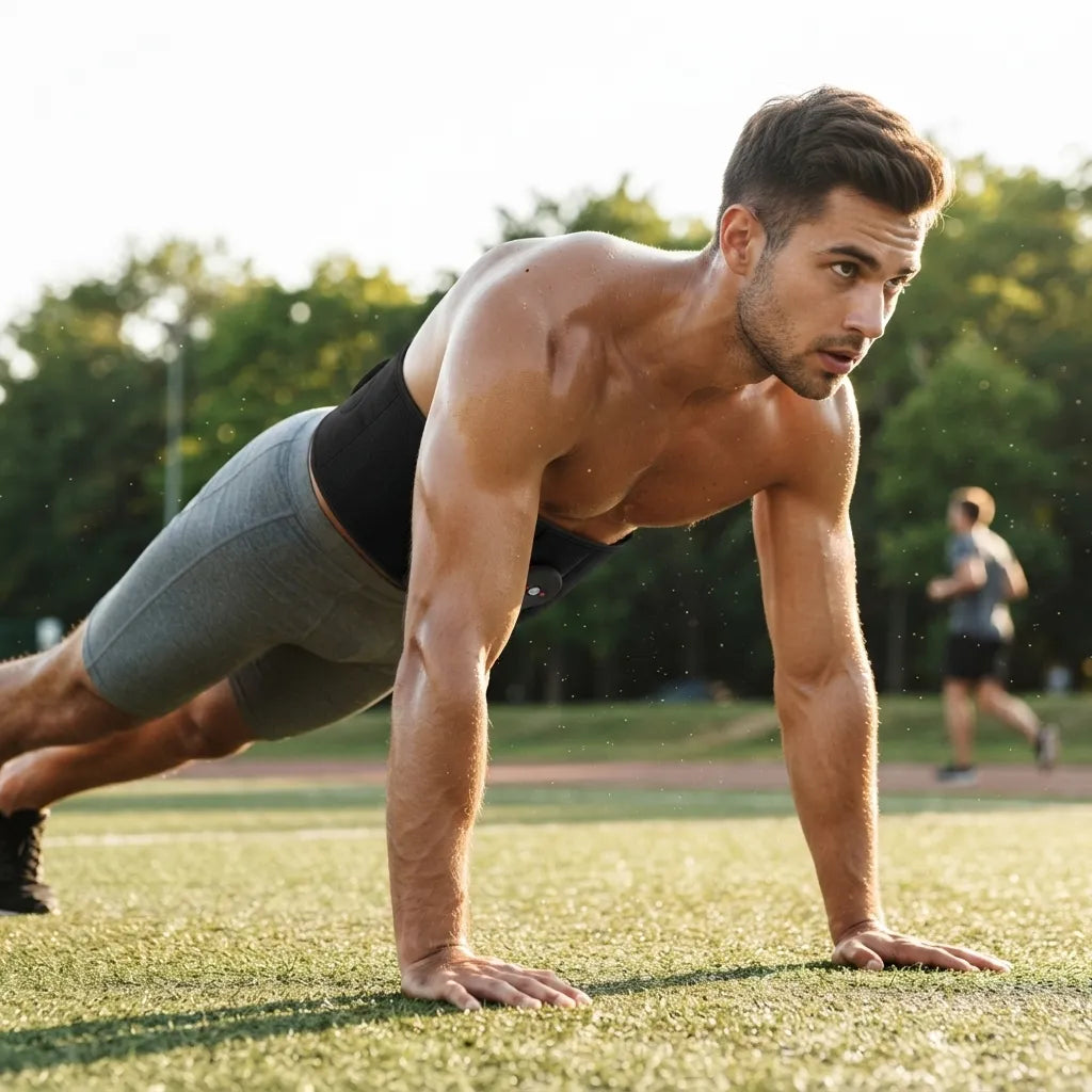 A shirtless man in gray athletic shorts and a black tank top performs a push-up on a grassy field outdoors, with trees and another runner blurred in the background.