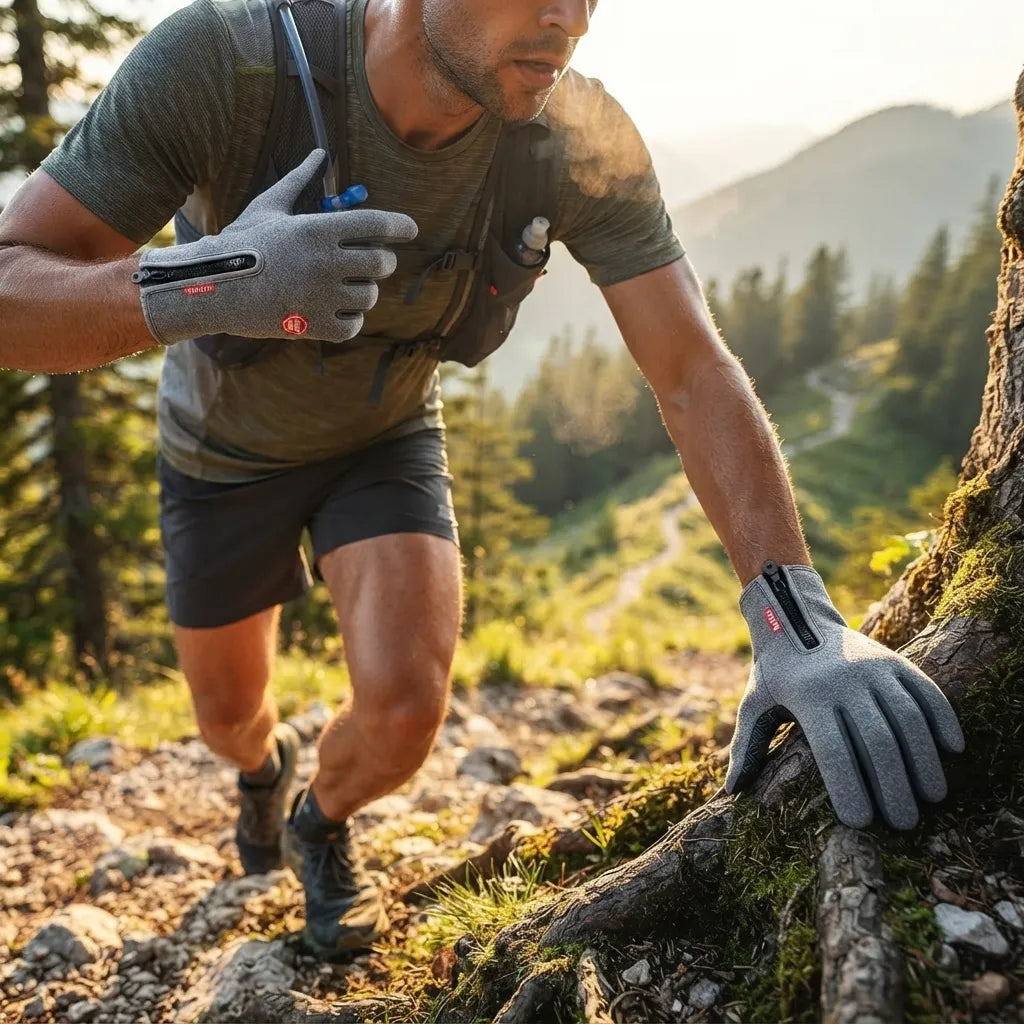 A man hiking on a rocky mountain trail wearing gray trail running gloves with a hydration pack and athletic shorts.