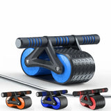 An abdominal exercise roller with black textured handles, a black frame, and blue wheels, shown on a white background with three smaller color variants along the bottom.