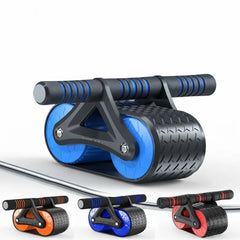An abdominal exercise roller with black textured handles, a black frame, and blue wheels, shown on a white background with three smaller color variants along the bottom.