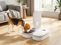 A small brown, white, and tan dog is eating from a white automatic pet feeder in a bright, modern living room with light wood floors and a gray sofa.
