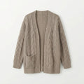 A taupe cable-knit open-front cardigan sweater with long sleeves and a ribbed hem, cuffs, and collar, displayed against a clean white background.