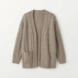 A taupe cable-knit open-front cardigan sweater with long sleeves and a ribbed hem, cuffs, and collar, displayed against a clean white background.