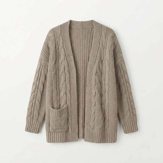 A taupe cable-knit open-front cardigan sweater with long sleeves and a ribbed hem, cuffs, and collar, displayed against a clean white background.