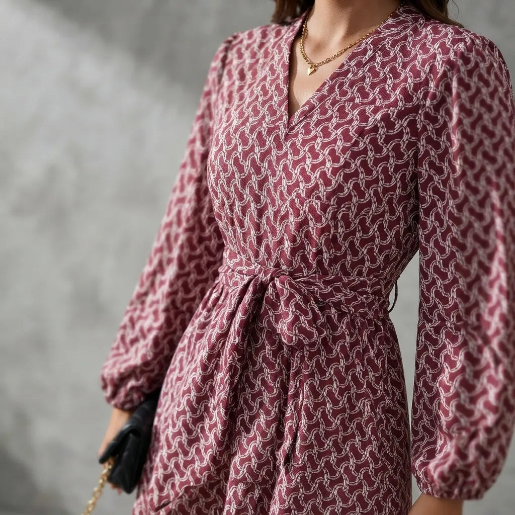 A woman wearing a long-sleeve wrap-style dress with a tie waist and an allover geometric pattern in dusty pink and white. She is holding a small black clutch with a gold chain strap against a textured gray background.