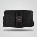 A black waist trainer belt with a central circular control unit featuring red directional arrows, shown against a light gray background.