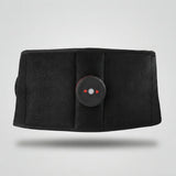 A black waist trainer belt with a central circular control unit featuring red directional arrows, shown against a light gray background.