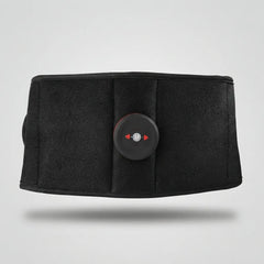 A black waist trainer belt with a central circular control unit featuring red directional arrows, shown against a light gray background.