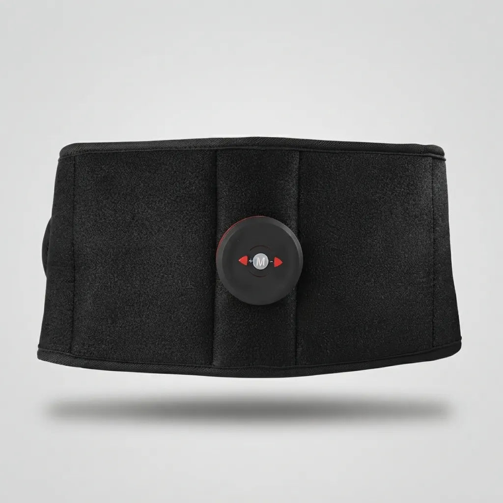 A black waist trainer belt with a central circular control unit featuring red directional arrows, shown against a light gray background.