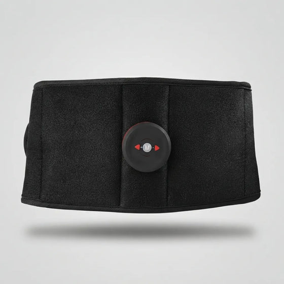 A black waist trainer belt with a central circular control unit featuring red directional arrows, shown against a light gray background.
