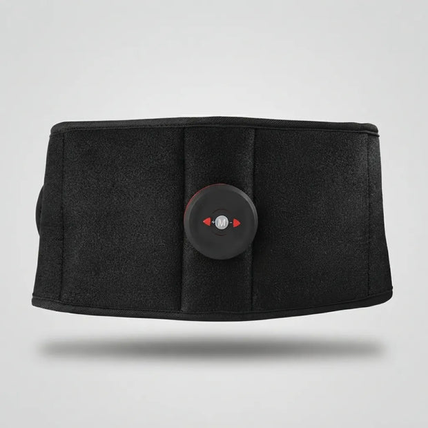 A black waist trainer belt with a central circular control unit featuring red directional arrows, shown against a light gray background.