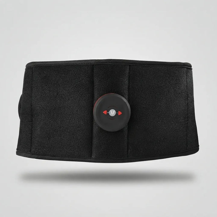A black waist trainer belt with a central circular control unit featuring red directional arrows, shown against a light gray background.