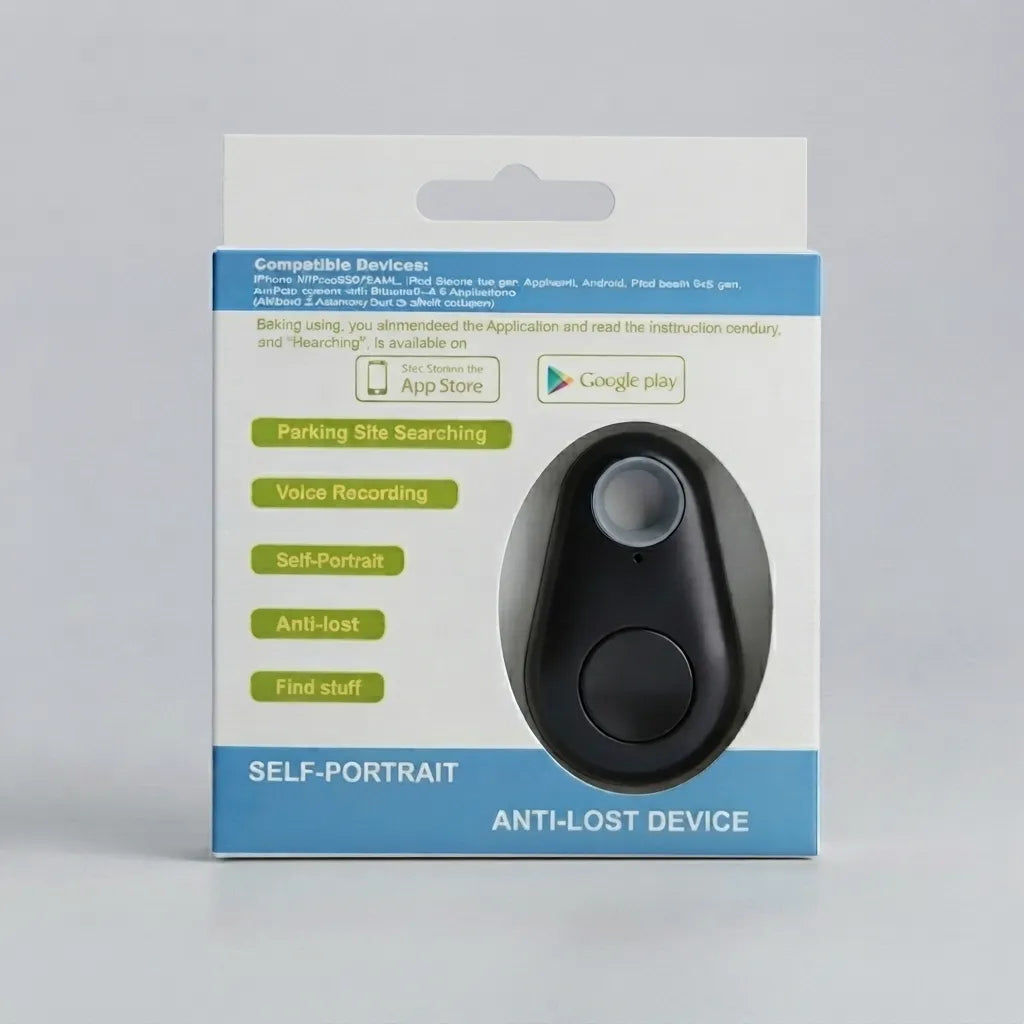 A retail box for a self-portrait anti-lost device, shown against a light gray background. The packaging is white and blue, featuring a photo of the black oval device and text listing features like parking site searching, voice recording, self-portrait, anti-lost, and find stuff.