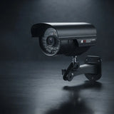A black bullet-style security camera with an integrated mounting bracket, shown at an angle on a dark reflective surface against a dark studio background. The camera body has a small visible logo reading 'EAGLE EYE SECURITY DIGITAL'.