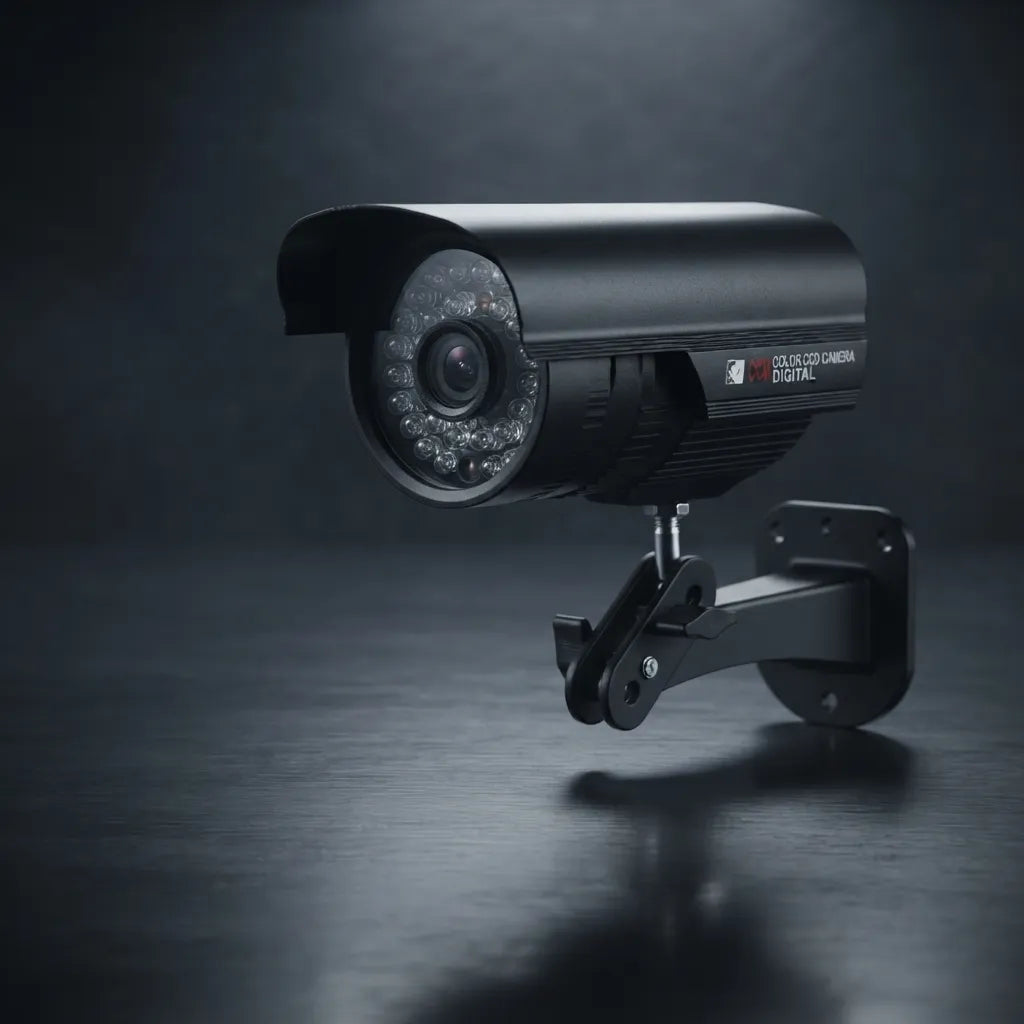 A black bullet-style security camera with an integrated mounting bracket, shown at an angle on a dark reflective surface against a dark studio background. The camera body has a small visible logo reading 'EAGLE EYE SECURITY DIGITAL'.