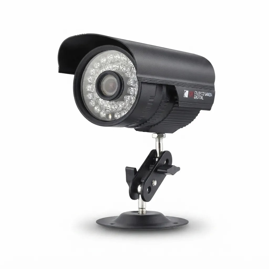 A black bullet-style security camera with a curved protective hood, a circular array of LED infrared lights, and a mounting bracket on a white background.