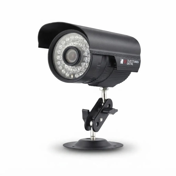 A black bullet-style security camera with a curved protective hood, a circular array of LED infrared lights, and a mounting bracket on a white background.