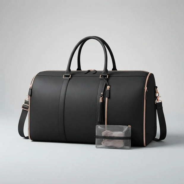 A black leather duffel bag with rose gold trim and handles, shown on a light gray background next to a small clear zippered pouch.