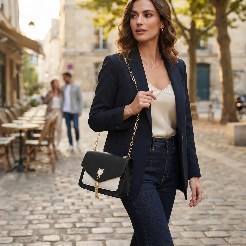 A woman walking on a cobblestone street wearing a navy blazer, cream camisole, and dark jeans, carrying a black and white flap shoulder bag with a gold chain strap.